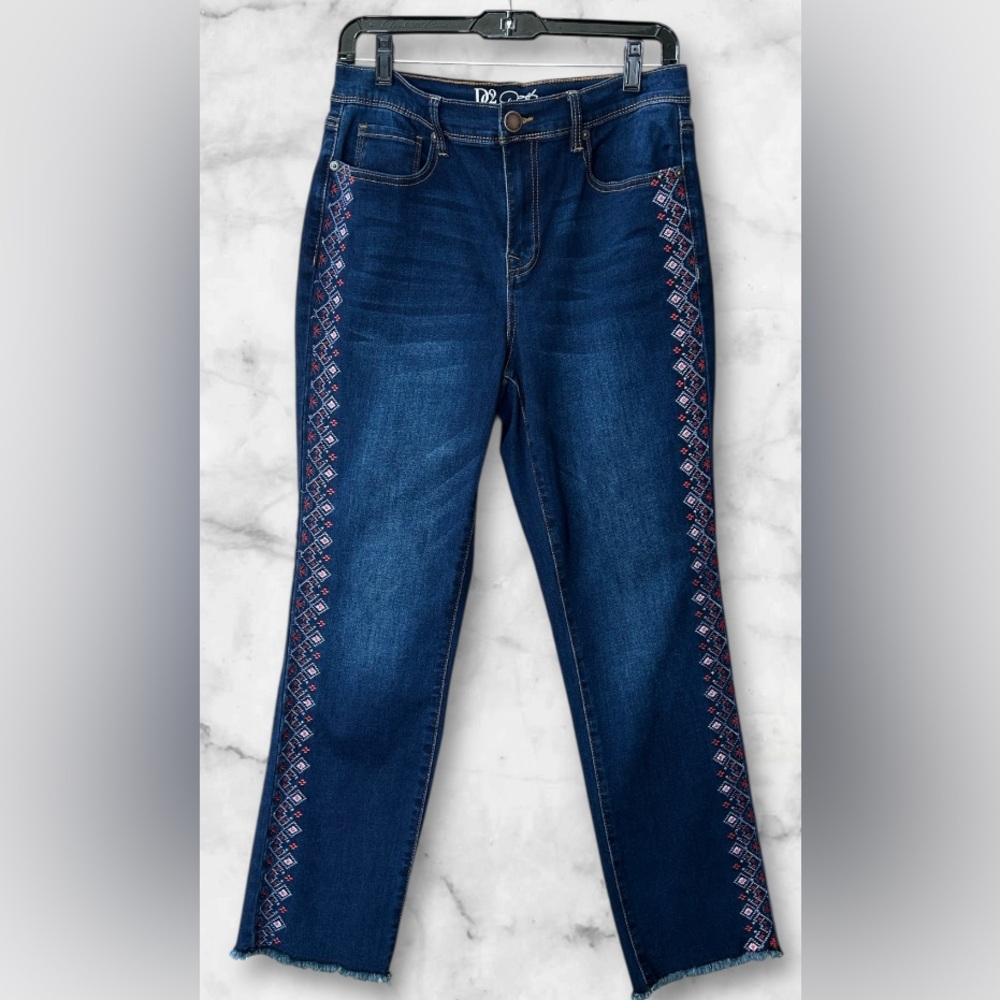 DG2 Diane Gilman New Classic Stretch Blue Denim Embroidered Ankle Jeans Size 10 - Picture 2 of 16
